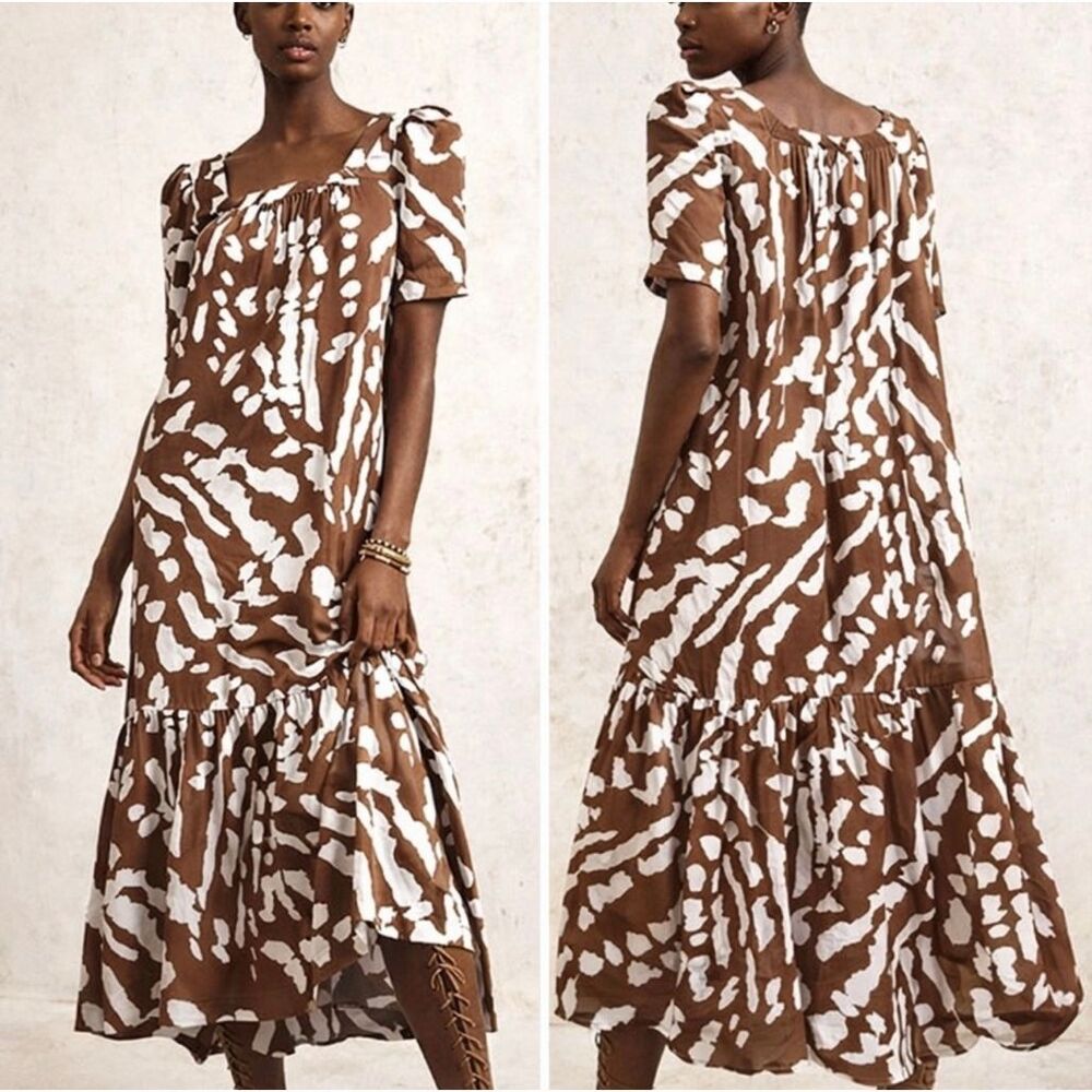 Anthropologie Maeve Lisabetta Square neck Short-Sleeve Maxi Dress Brown Abstract